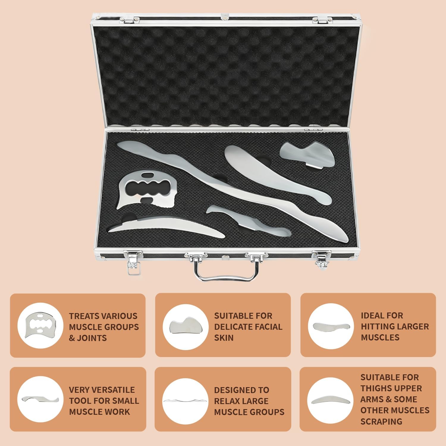 tonchean 6-Piece Muscle Scraper IASTM Tool Set, Gua Sha Scraping Massage Tool Set Stainless Steel Myofascial Release Tool Deep Tissue Massage Tool Set for Reduce Arms, Legs, Back, Shoulder Muscle Pain