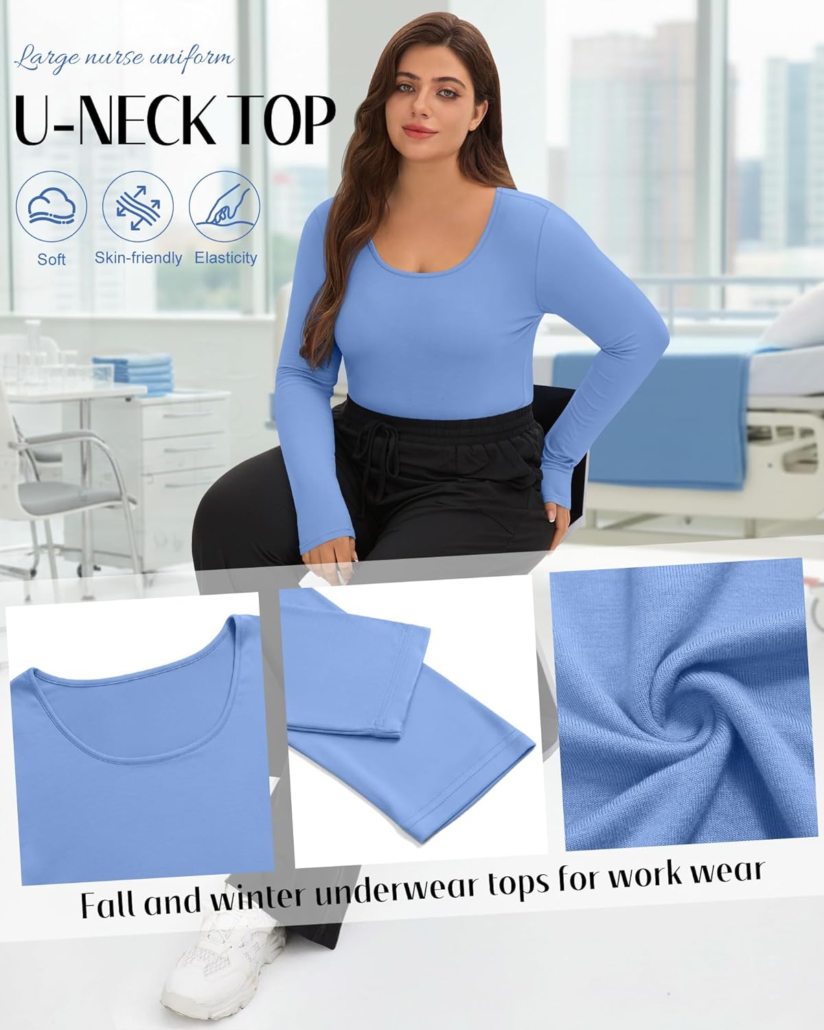 4 Pack Plus Size Underscrub Long Sleeve for Women, Cotton Blend Scoop Neck Undershirts, Nurse Fitted Basic Tops - Image 3