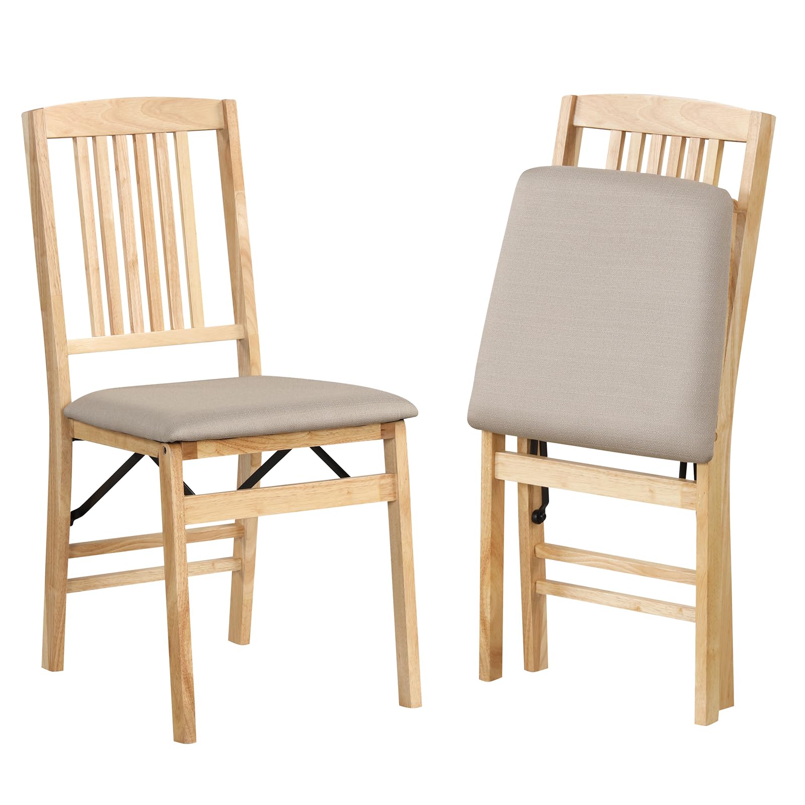 COSTWAY Folding Chairs Set of 2, Rubber Wood Counter Dining Chairs with Backrest & Padded Seat, Kitchen Office Conference Side Chair Seating (Linen Fabric Seat, Slatted Back, Beige + Natural)