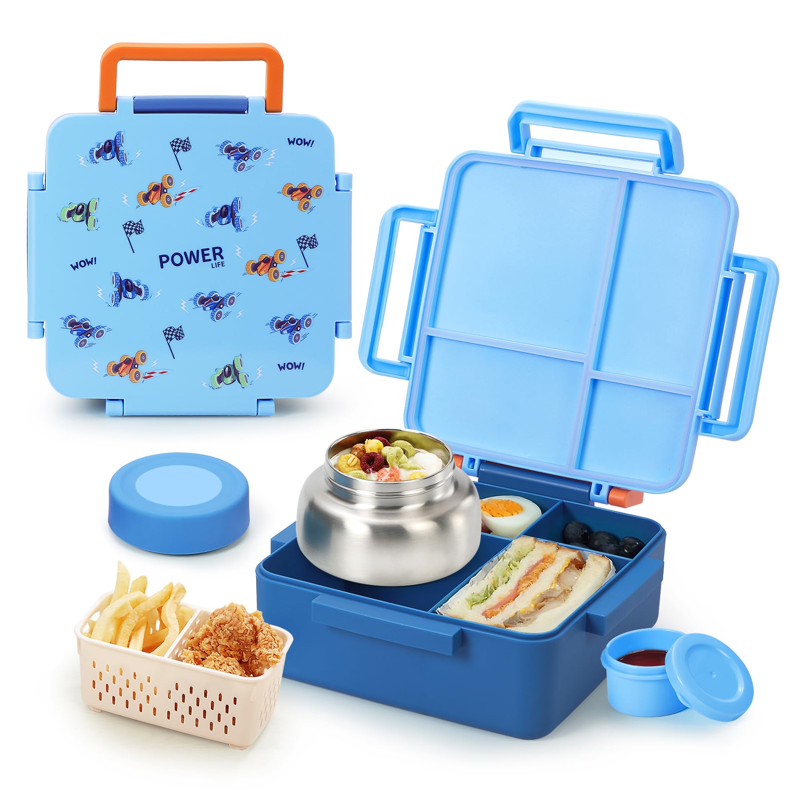 Bento Box for Kids with Thermos, [Large Capacity] Insulated Kids Lunch Box with 4 Compartment for Ages 3+, Drop-Proof &amp; Dishwasher Safe Lunchbox Container Blue