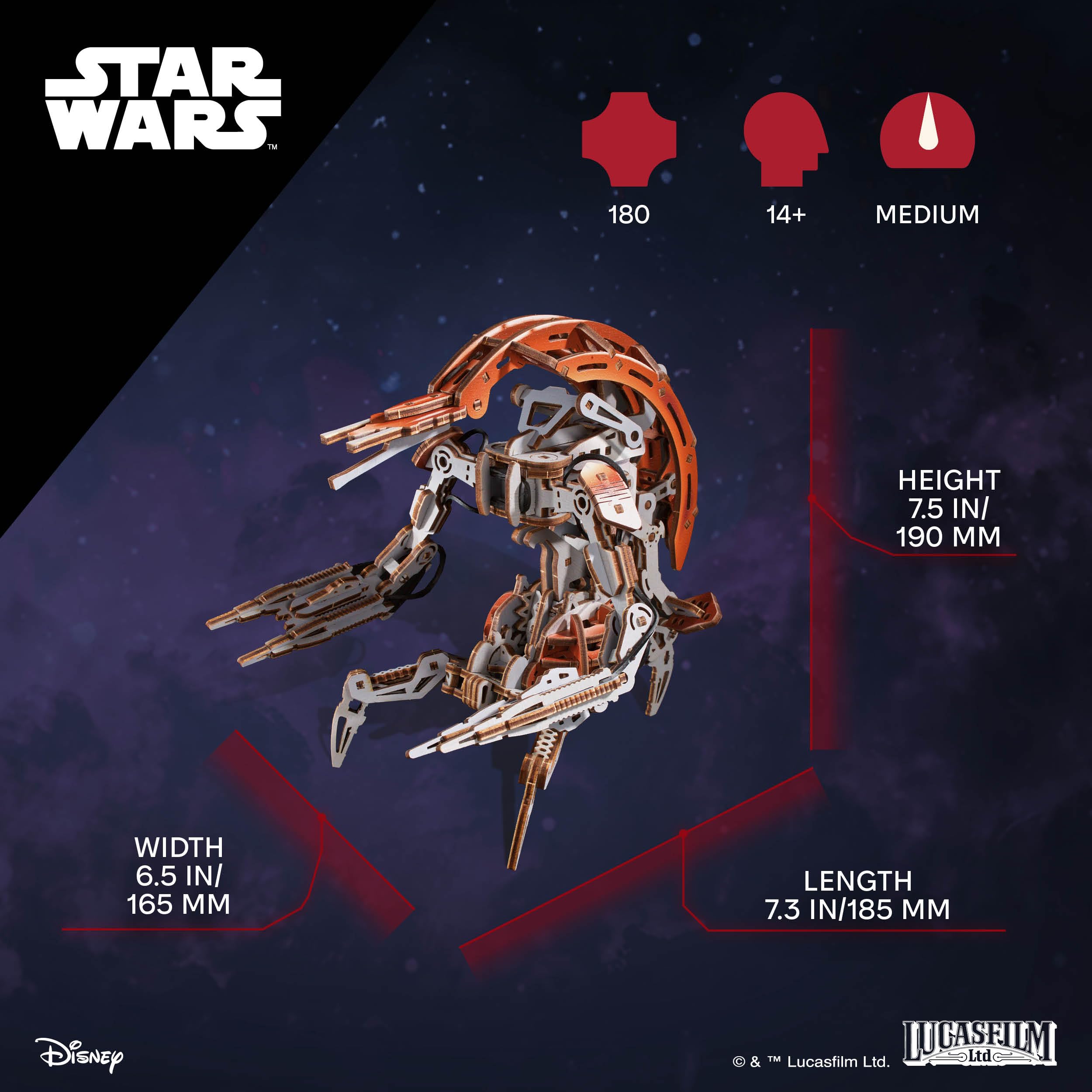 UGEARS Star Wars Droideka Drewniane Puzzle 3D – Mechaniczny drewniany model do złożenia, zestaw DIY do budowy, kolekcjonerskie puzzle z drewna, szczegółowy projekt konstrukcyjny i pomysł na prezent dl
