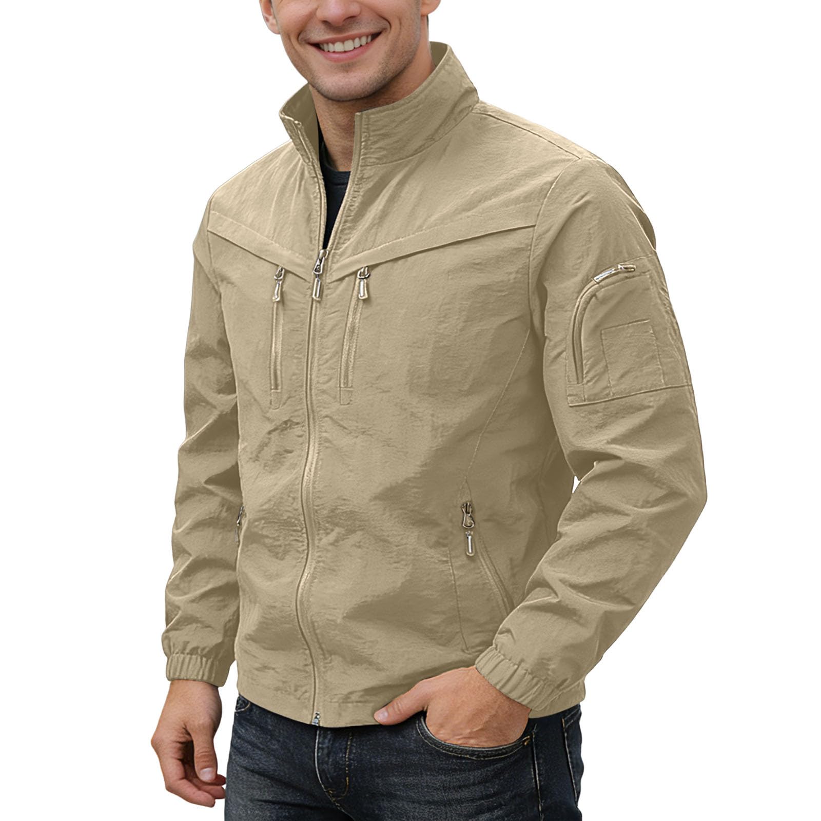 Generisch Giacca bomber da uomo con colletto alto, antivento, impermeabile, giacca da trekking leggera, giacca funzionale da montagna