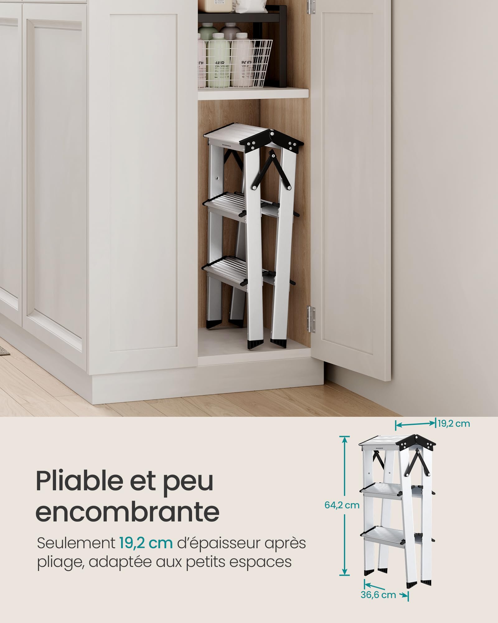 SONGMICS Échelle, Escabeau, Échelle en Alliage d'Aluminium, avec 3 Marches, Marche Pied Multifonctions, Charge : 150 kg, Gris Argent et Noir d'encre GLT23K | Escabeau avec 3 marches antidérapantes, gris argenté et noir encre GLT23K