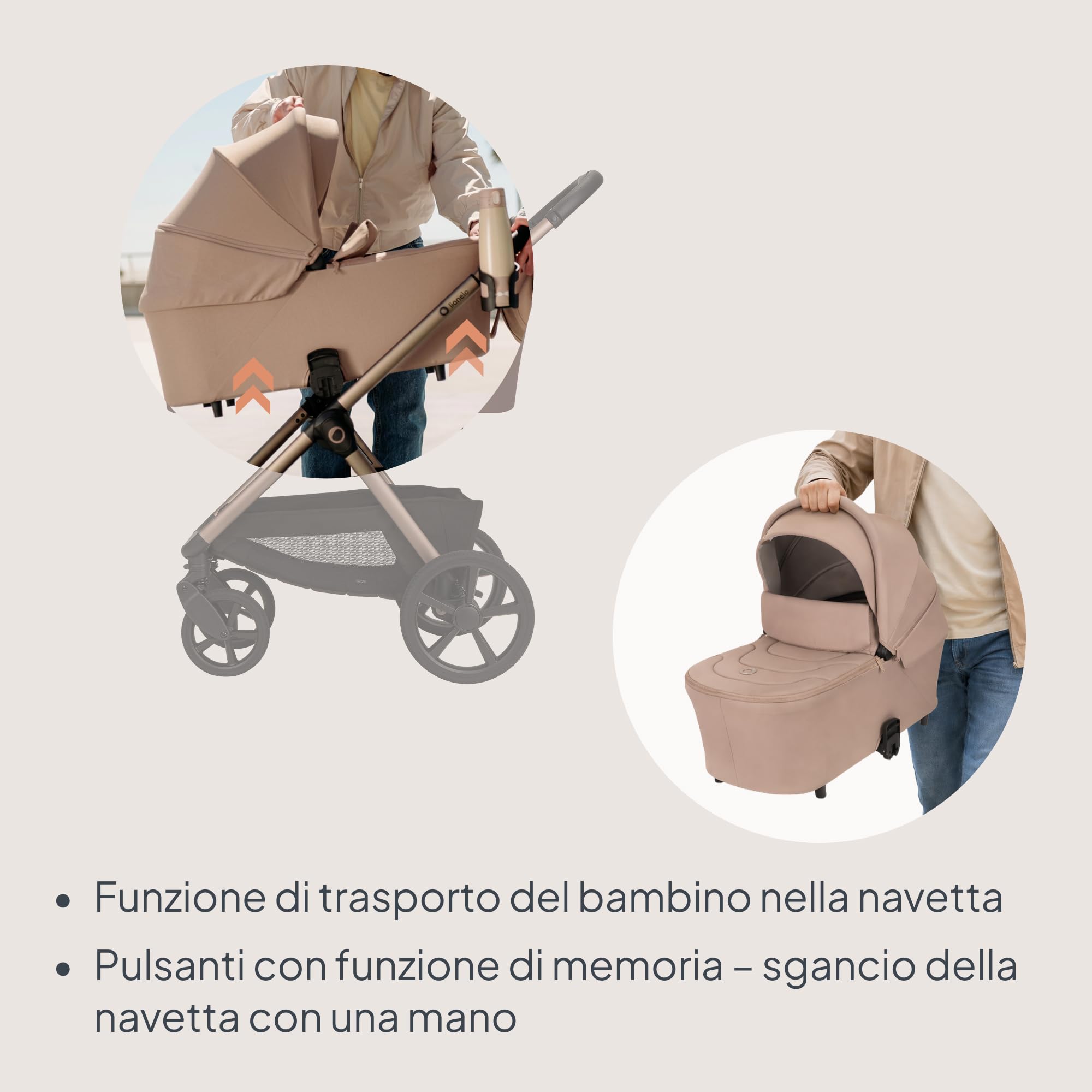 LIONELO Carmine 3in1 Trio Passeggino pieghevole 0-4 anni / 0-22 kg Completo Sistema Modulare Set con Navicella portatile e Seggiolino Auto Ovetto, Ruote GravelTech, Ammortizzazione, Cappottina XXL