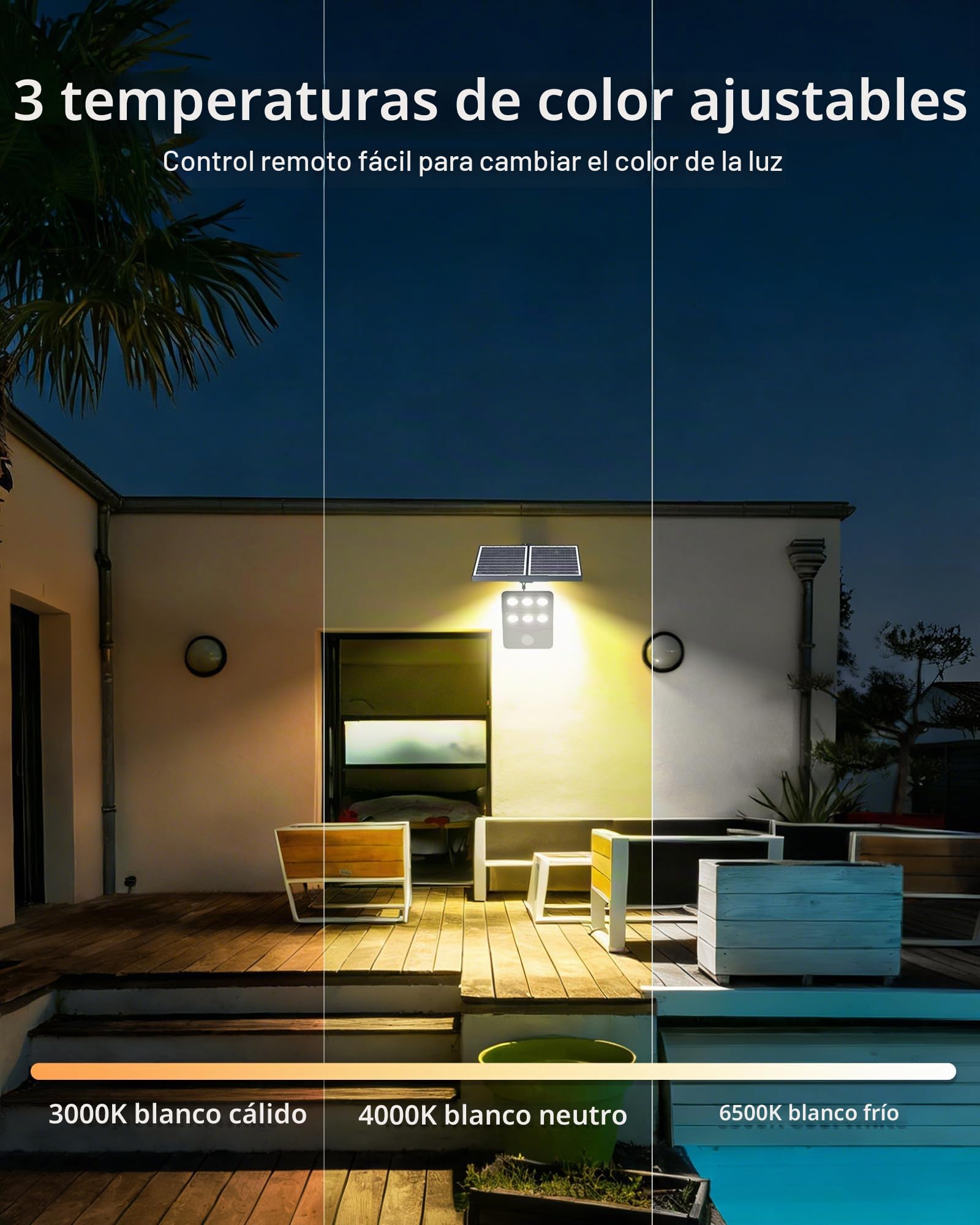 Ofuray Luz Solar Exterior con Sensor de Movimiento, 3000K/4000K/6500K Focos LED Exterior Solares, Split Lampara con Cable de 3M, IP67 Impermeable luces solares led exterior jardin para Garajes, Tri-1P