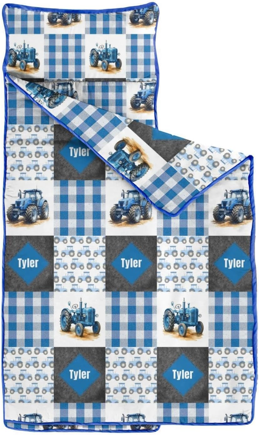 Personalized Tractors Green Nap Mat Set with Name, Sleeping Bags for Boys, Customized Trucks Toddler Bed Mattress for Kids, Slumber Bags for Preschool, Daycare or Kindergarten, Toddler Sleep Sack
