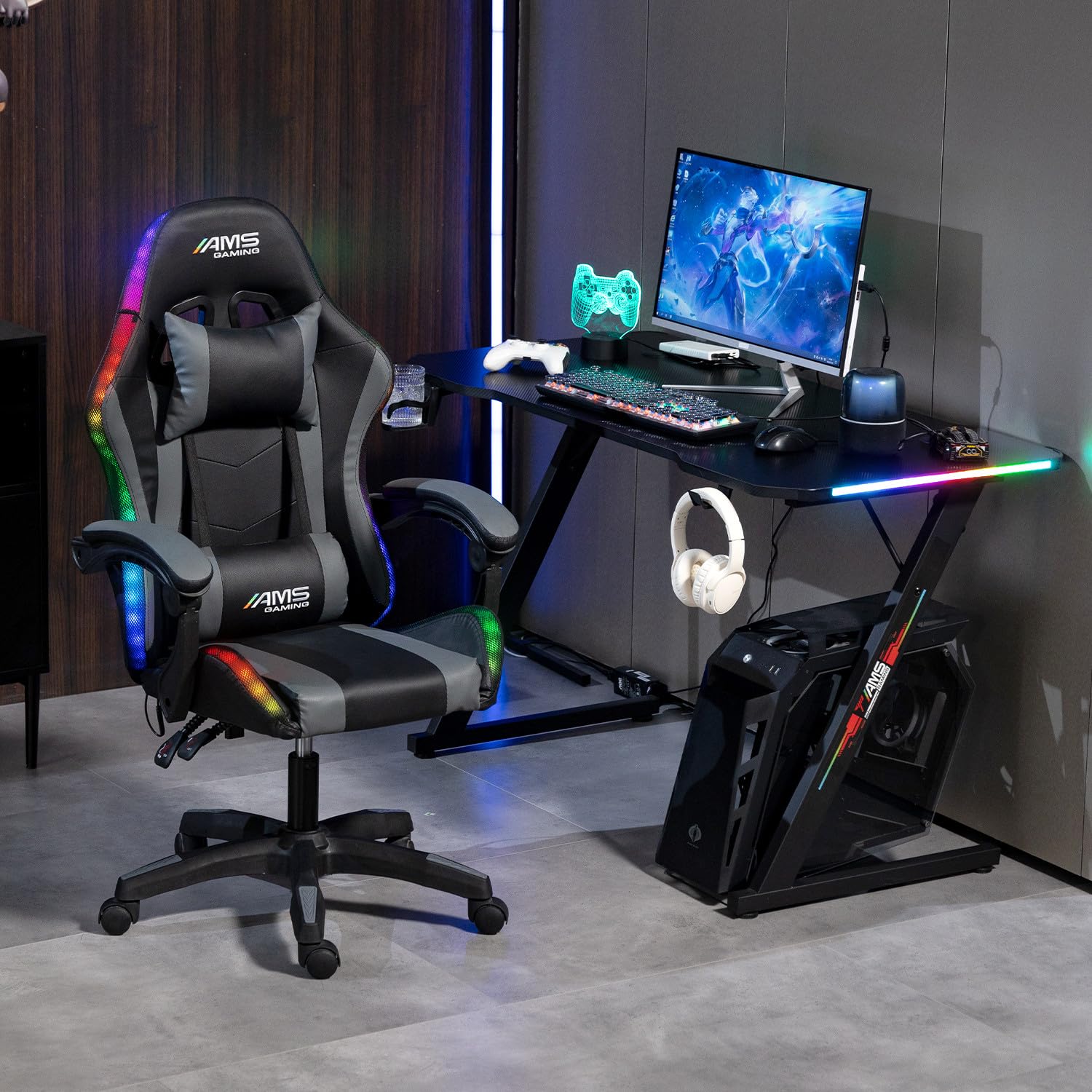Sedia Gaming da Ufficio, Tessuto a Rete, Schienale Reclinabile 155°, Nero e Rosso, Portata 130 kg