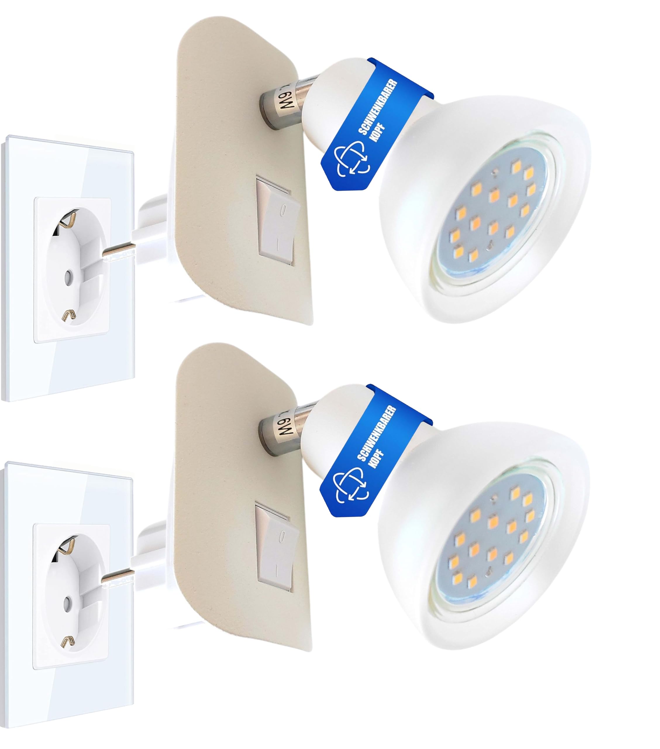 Trango 2er Pack Steckdosenlicht 11-246 Nachtlicht mit Glasschirm inkl. je 1x GU10 LED Leuchtmittel 3000K warmweiß & Ein/Aus- Schalter Steckdose Orientierungslicht, Treppenlicht, Steckdosenlicht