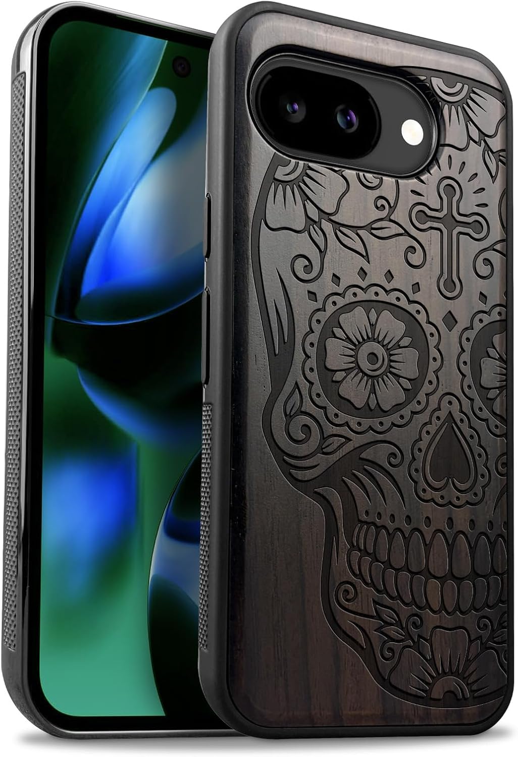 Carveit Magnetic Wooden Case for Google Pixel 10a Case, Wood Artisan Engraved & Soft TPU Shockproof Cover, Compatible with MagSafe Wireless Chargers (The Dia de Los Muertos Sugar Skull) Blackwood