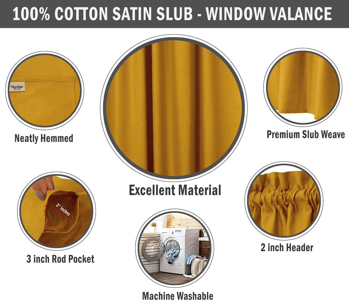 Plain Cotton Valance, Decorative Window Rod Pocket Valance Half Drape for Kitchen Window 2 Panel,30x36 Inches, Mustard Yellow