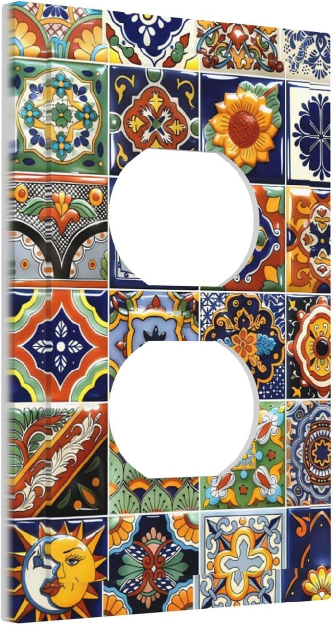 Decorative Light Switch Cover Talavera Tiled Patterns 1 Gang Wall Plate Cover Single Duplex Outlet Covers Switchplate Electrical Faceplate for Bathroom Bedroom Decor(2pack)