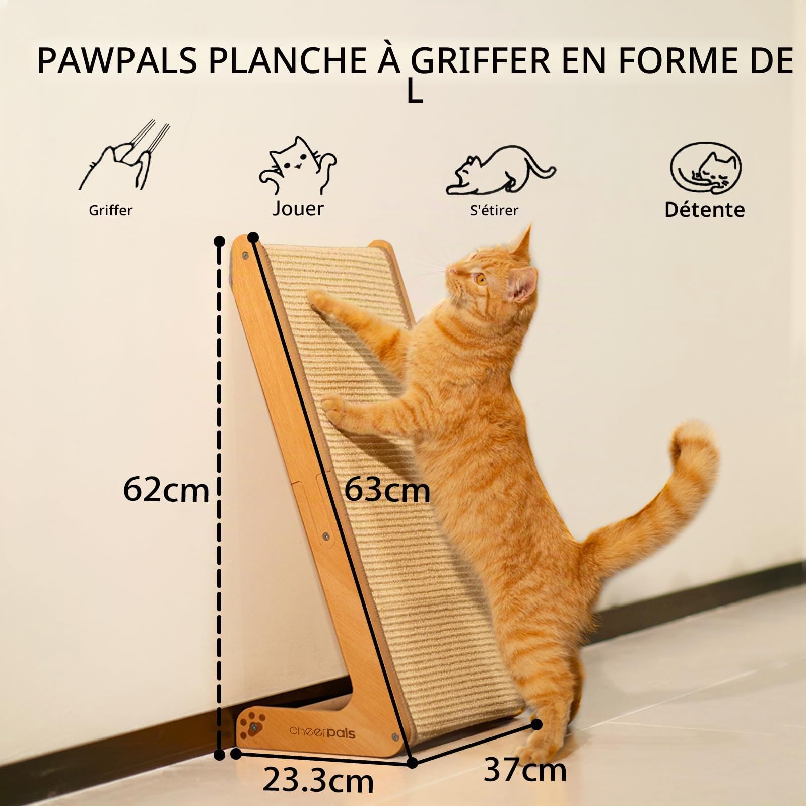 CheerPals Arbre à chat double face en sisal pour chat - 63 cm de haut - Bois de hêtre massif et sisal naturel - Arbre à chat en forme de L pour tous les chats - Pour jouer, se détendre