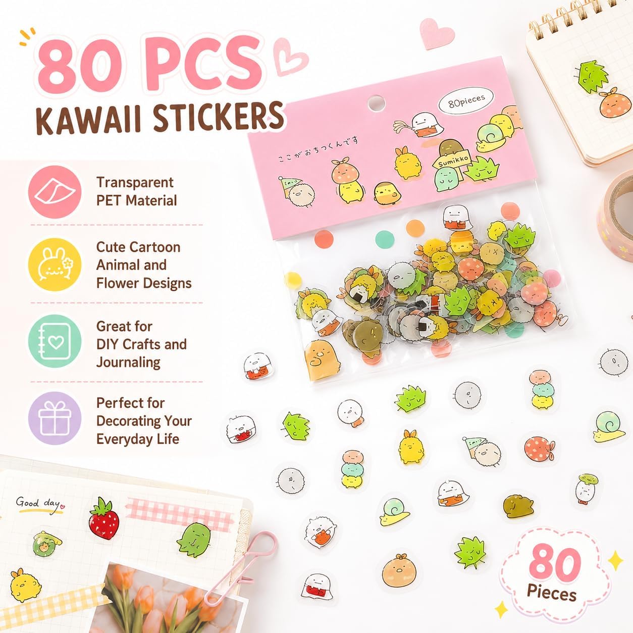 80Pcs Kawaii Stickers Set, Cute PET Transparent Cartoon Animal Flower Decorative Scrapbook Sticker for DIY Arts Crafts, Album, Planners, Junk Journal, Calendars and Notebook image 2