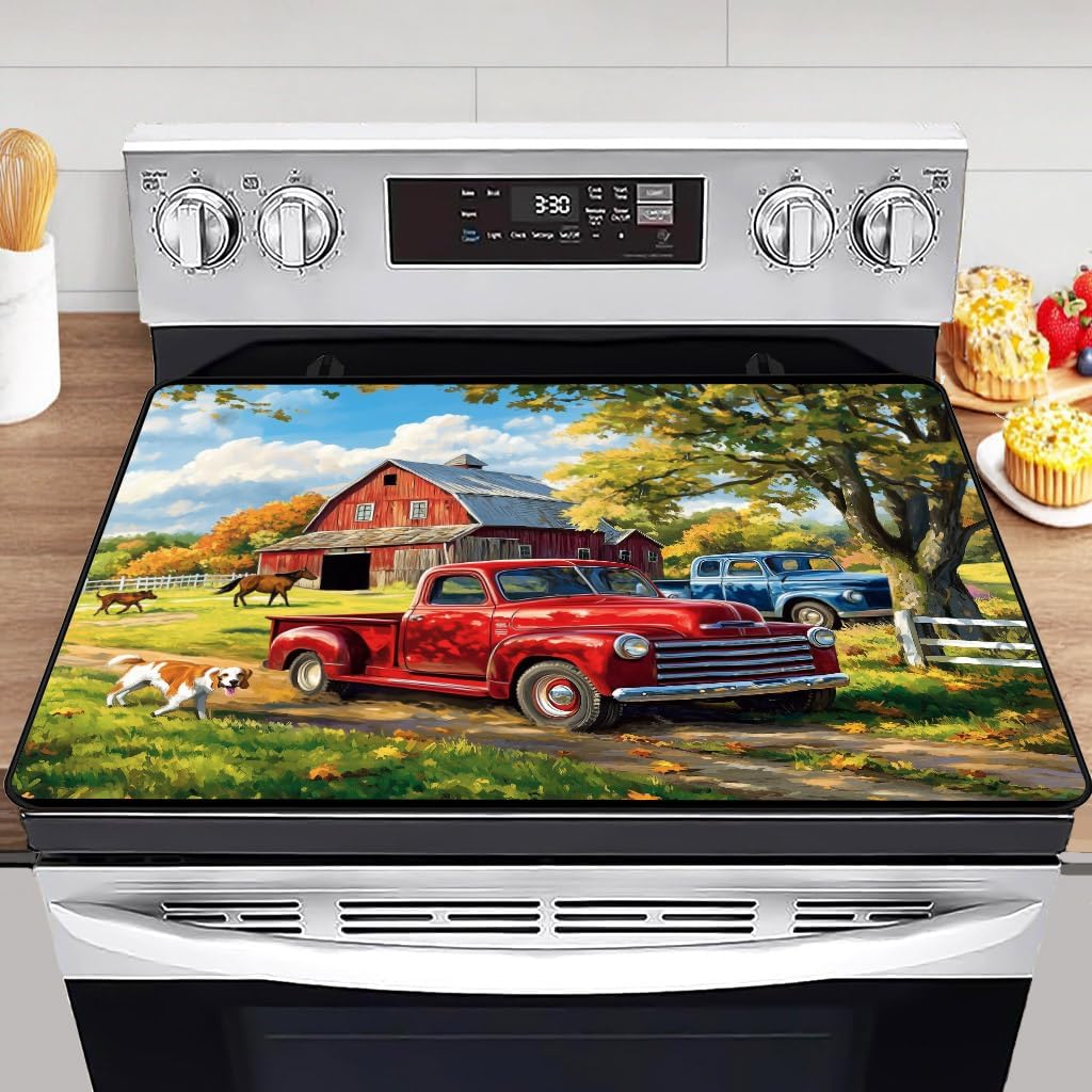 Vintage Red Rruck Electric Stove Top Cover,Farm Barn Heat Resistant Glass Stove Top Cover for Electric Stove Glass Cooktop Protector Expands Usable Space