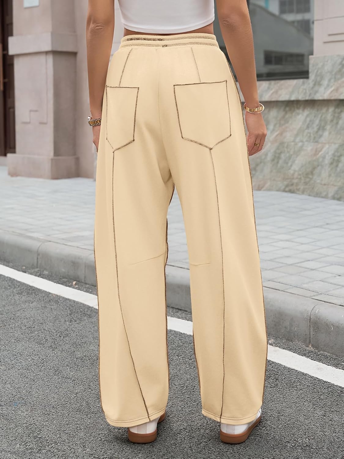 Aoysky Womens Baggy Wide Leg Pants Barrel Casual Drawstring Elastic Waist Contrast Stitch Workout Sweat Pants with Pockets - Image 5