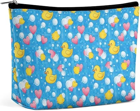 Portable Waterproof Makeup Bag Large Cosmetic Pouch Travel Makeup Brushes Bags Cute Funny Bubbles Hearts Yellow Rubber Ducks Toiletry Pouch Valentine Birthday Gifts for Mom Wife