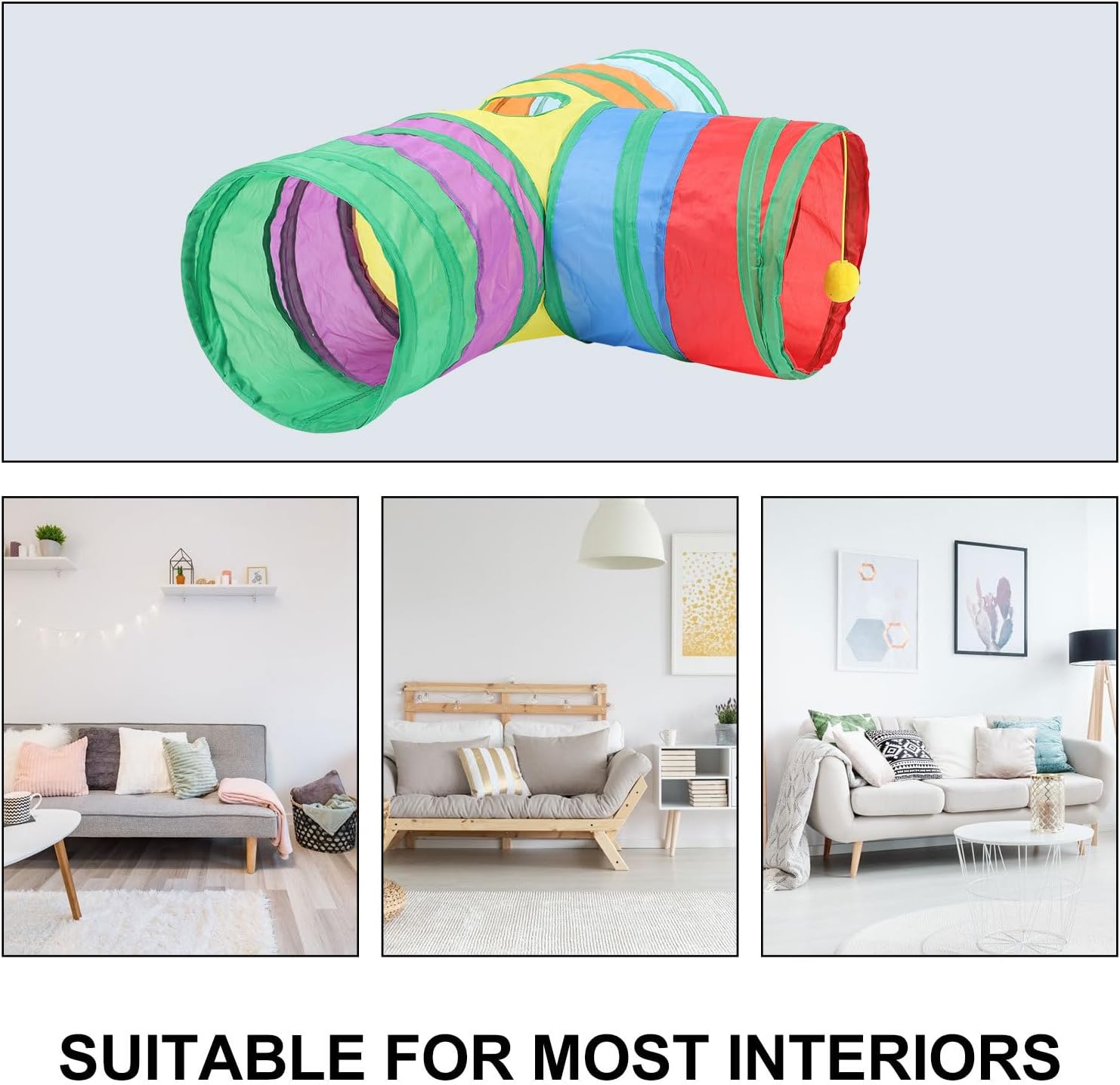 BESTYASH Foldable Rainbow Three-Path Cat Tunnel Pet for Rabbits and Hamsters, Soft Suede Fabric Play Tube for Indoor Small Animals