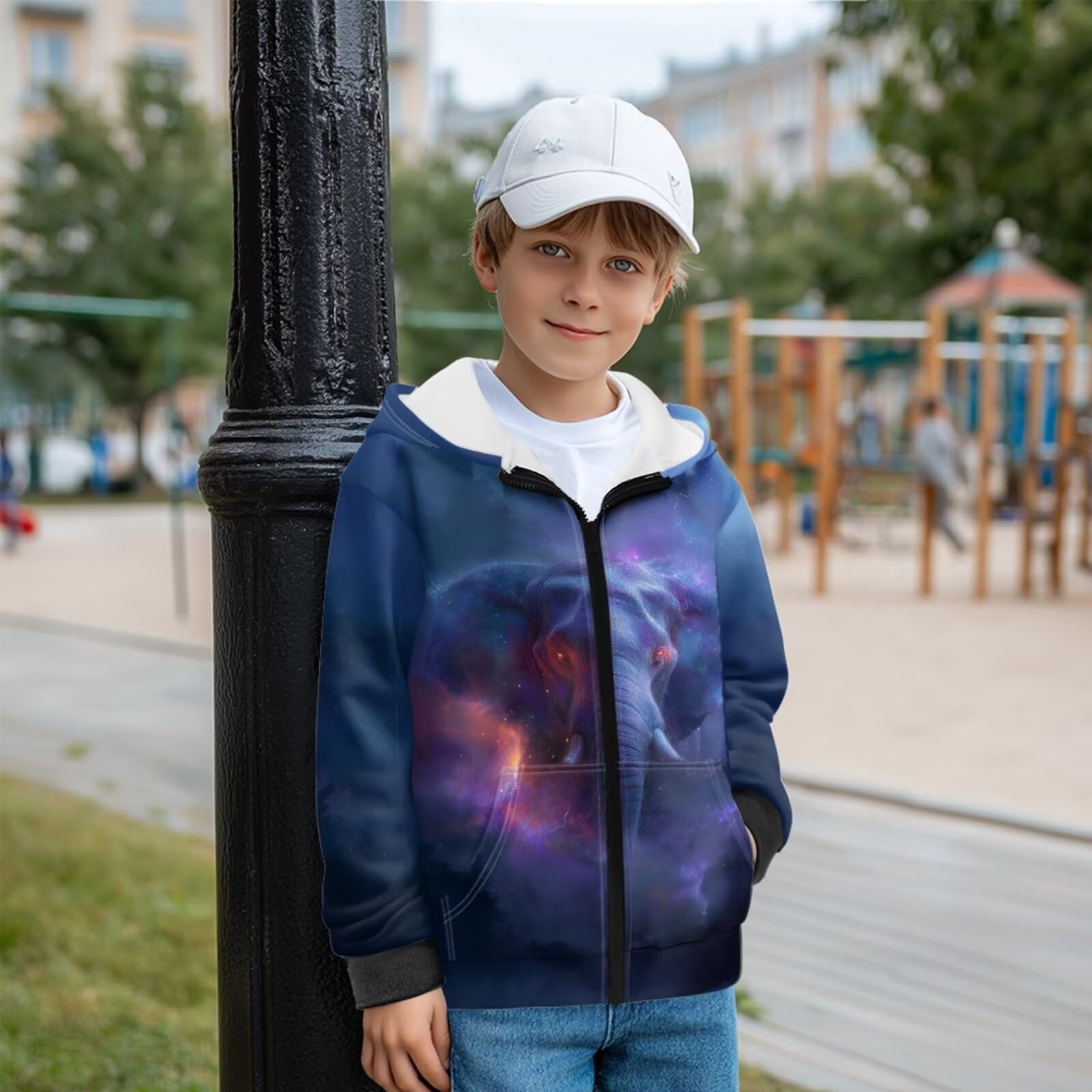 Słoń fioletowy nadruk chmury bluzy z kapturem dla chłopców dziewcząt dzieci bluza z 2 kieszeniami polar z kapturem odzież sportowa jesień zima ubrania do uprawiania sportu podróży, M