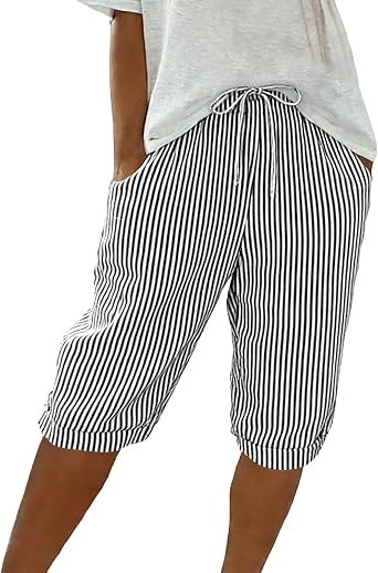 Aymnlox Summer Shorts for Women 2026 Striped Cotton Bermuda Short Elastic Waist Knee Length Shorts Lightweight Loungewear