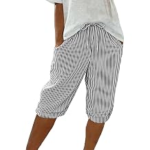 Hvyesh Capri Pants for Women Elastic Waisted Summer Beach Capris Casual Striped Pant Loose Fit Cropped Pants with Pockets