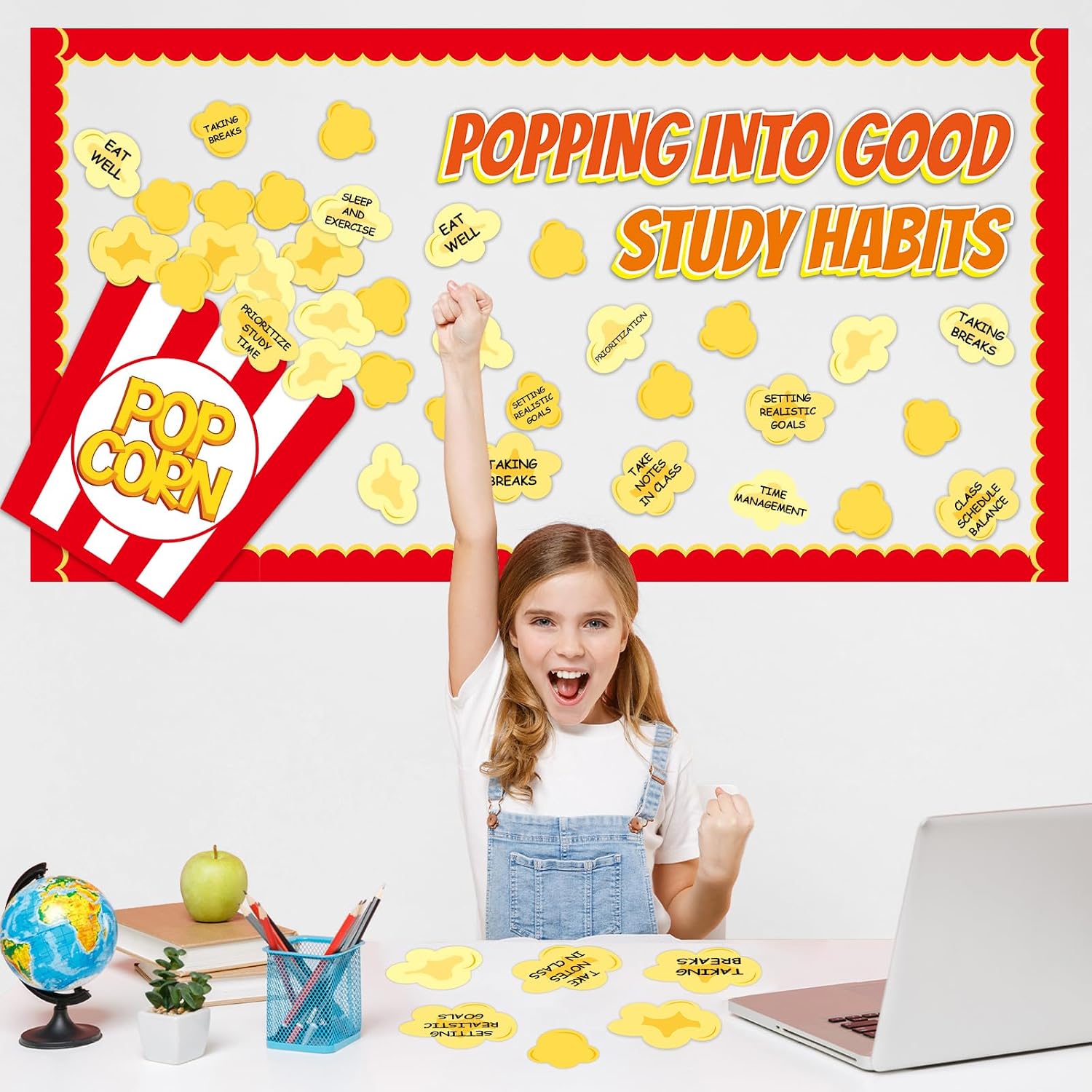 Naozinebi Popcorn Bulletin Board Set Popping Into Good Study Habits Classroom Decorations DIY Crafts Movie Themed Cutouts for Students School Kindergarten Office Back to School Wall Party Supplies