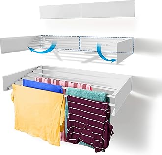 Step Up Laundry Drying Rack, Wall Mounted, Retractable Clothes Drying Rack, 20 kg Capacity, with Wall Template and Long Drill Bit - 70 cm WHITE