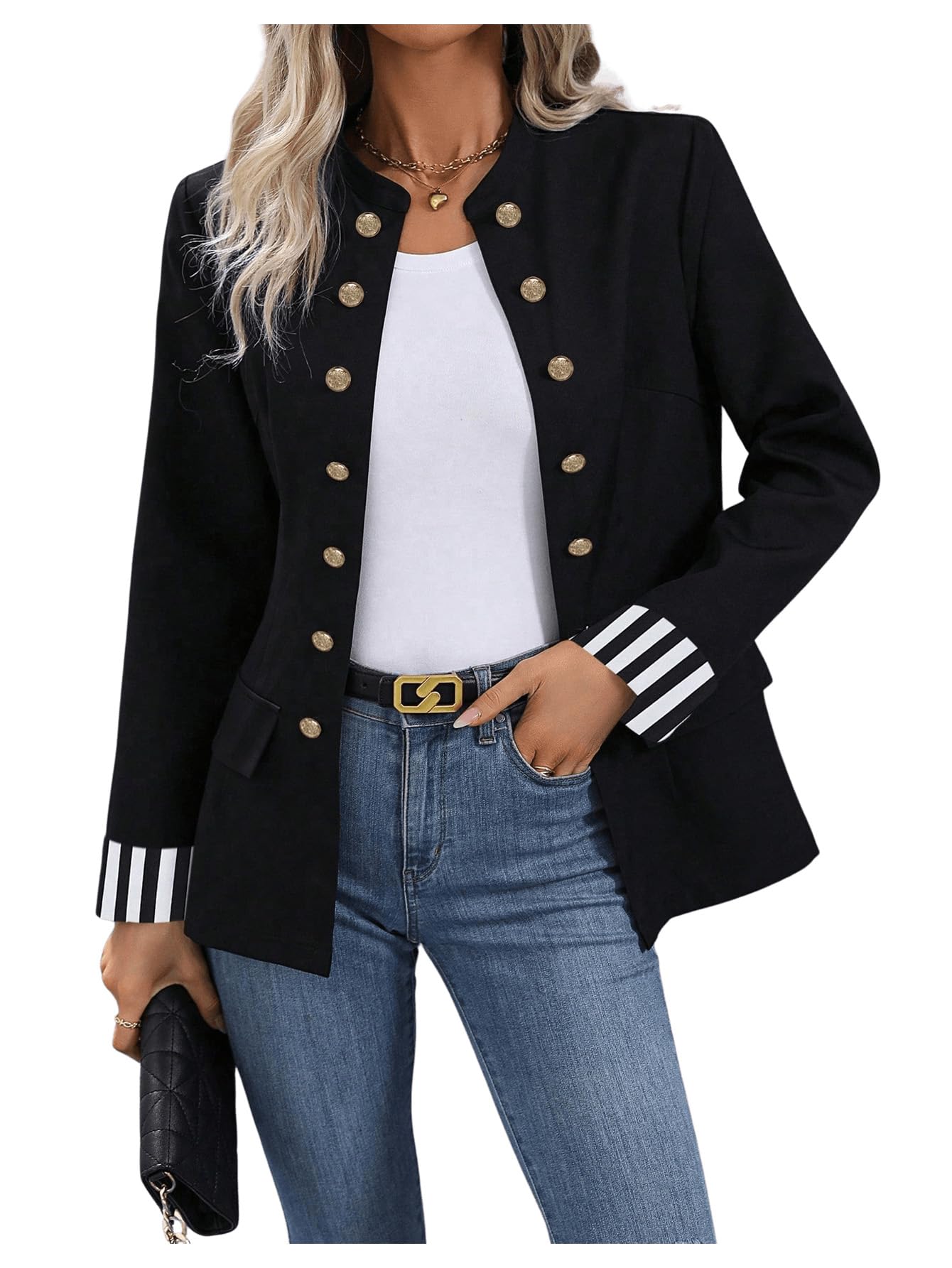MakeMeChic Womens Striped Cuff 3 4 Sleeve Blazer Open Front Business Jacket Coat Outwear