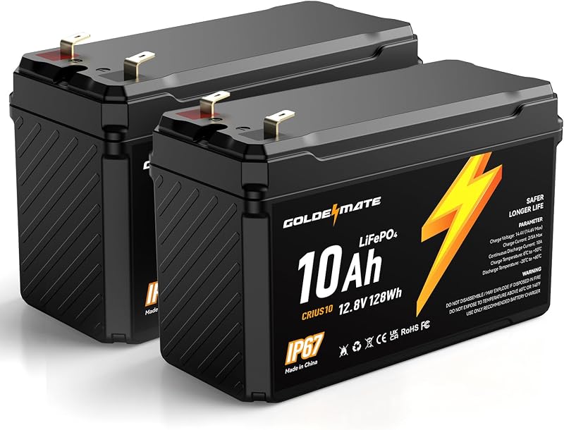12V 10Ah Lithium LiFePO4 Battery(2 Packs), IP67 Waterproof | 5000+Deep Cycles, Lithium Iron Phosphate Battery, Built-in BMS, Ideal for Power Wheels, Marine, Fish Finder, Camping, Lights