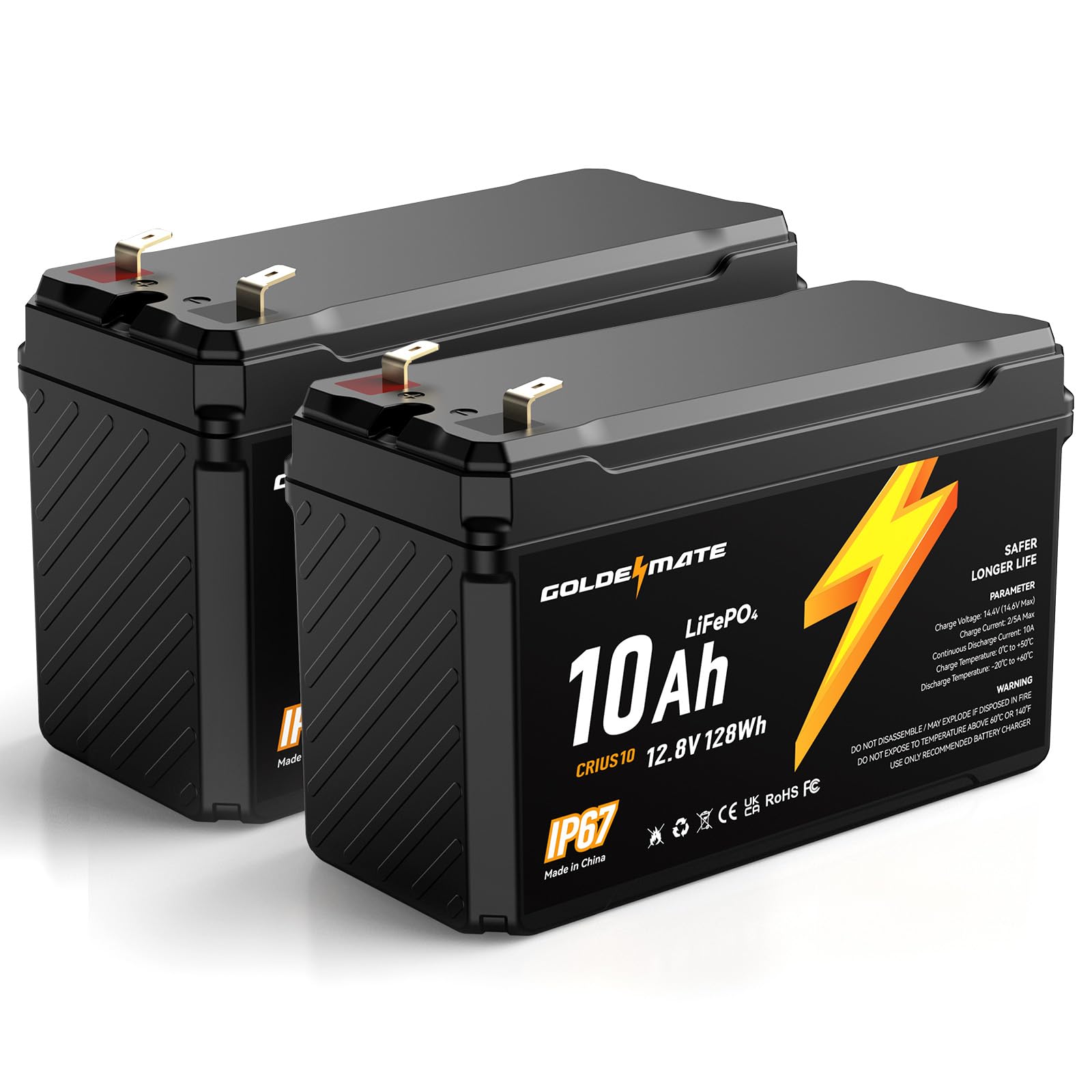 12V 10Ah LiFePO4 Lithium Battery(2 Packs), 5000+ Deep Cycles, IP67 Waterproof Lithium Iron Phosphate Battery, Built-in BMS, Ideal for Power Wheels, Solar, Marine, Fish Finder, Ride-on Toy