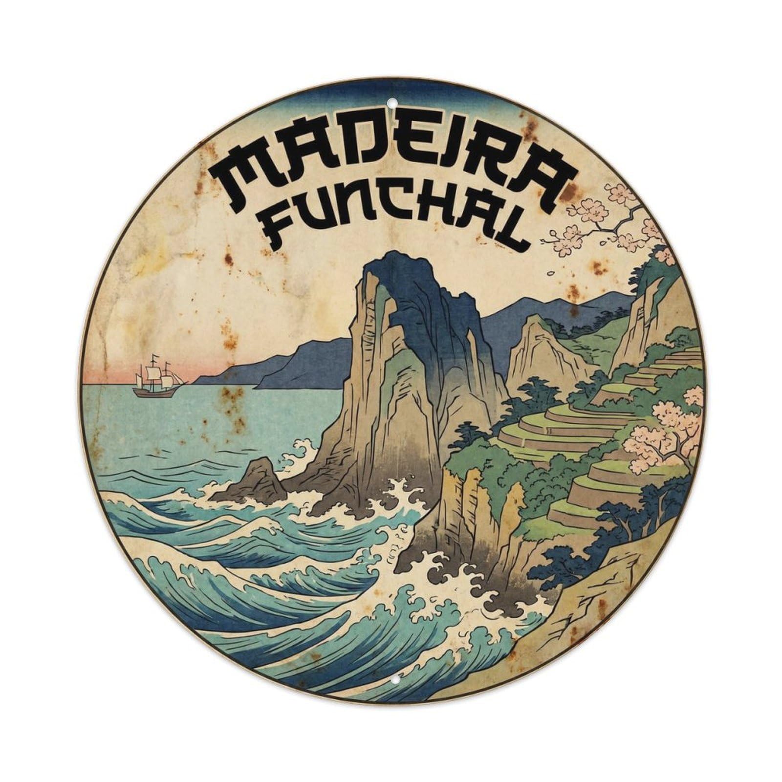 Madeira Funchal Atlantic Island Vintage Woodcut Metal Tin Sign