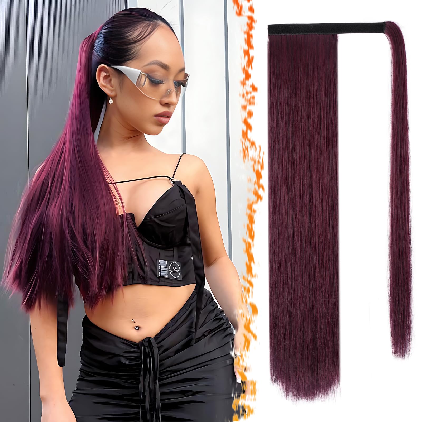 BARSDAR Dark Burgundy Straight Wrap Ponytail Extension - 26 Inch Long Straight Wrap Around Ponytails for Women, Synthetic Clip in Red Pony Tails Hair