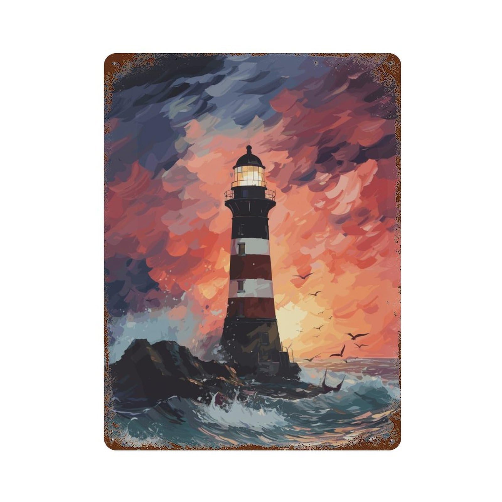 Lighthouse Sunset Weathered Tin Sign 15.7"x11.8", Classic Wall Plaque for Garage, Bar And Workshop Decor