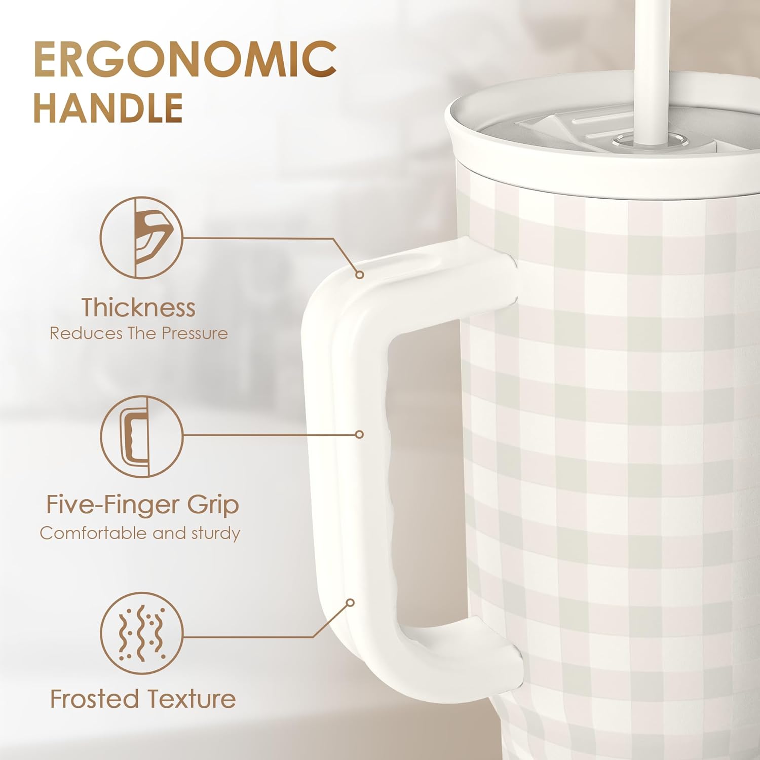 SANDJEST Grey Gingham 40oz Slider Tumbler with Handle and Straw - Insulated Stainless Steel Travel Coffee Mug for Women Girls, Gift for Birthday, Christmas - Image 3