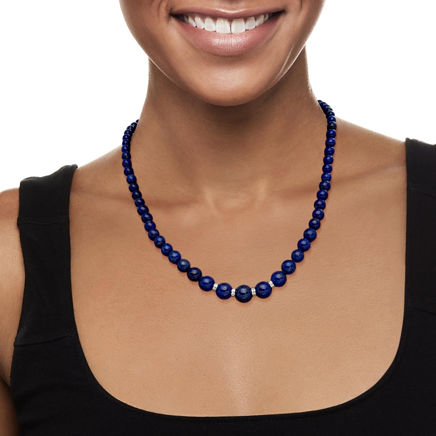 Ross-Simons Lapis Bead Necklace With .24 ct. t.w. Diamonds in Sterling Silver. 18 inches