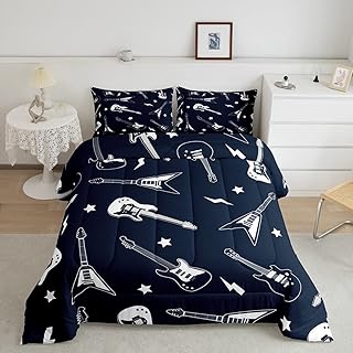 Feelyou Kids Guitar Comforter Set Queen Rock Music Themed Comforter Women Men Easy-Wash Musical Guitar Instruments Bedding Set with 2 Pillow Case - 3 Piece Queen Boys