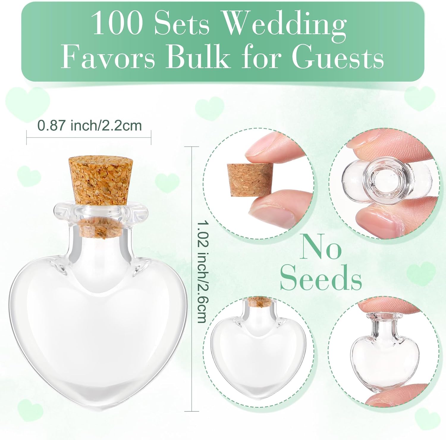 Jinei 300 Pcs Let Love Grow Wedding Favors for Guests includes 100 Small Glass Bottles with Cork Stopper 100 Wedding Thank You Cards and 100 Organza Bags, No Seeds(Heart Shape)