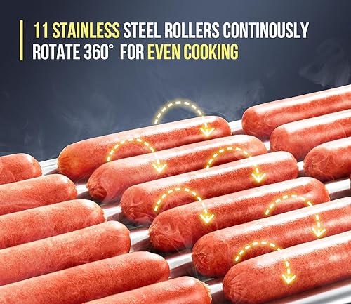 Miniatura 27 de SYBO Rodillo para perros calientes – 18 de capacidad, rodillos de acero inoxidable antiadherentes, cubierta de vidrio desmontable, 1000 vatios