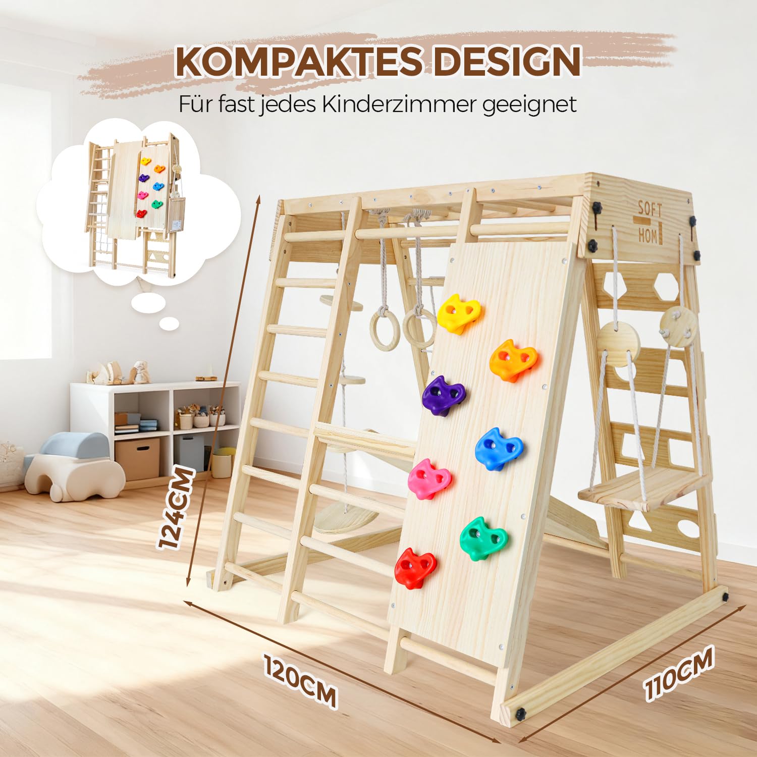 Klettergerüst Indoor, Groß&Klappbar, 12 in 1 Montessori Indoor Spielplatz für Kinder, Multifunktional Kletterausrüstung mit Rutsche/Schaukel/Kletterdreieck/Kletternetz, Kinderzimmer, Natur