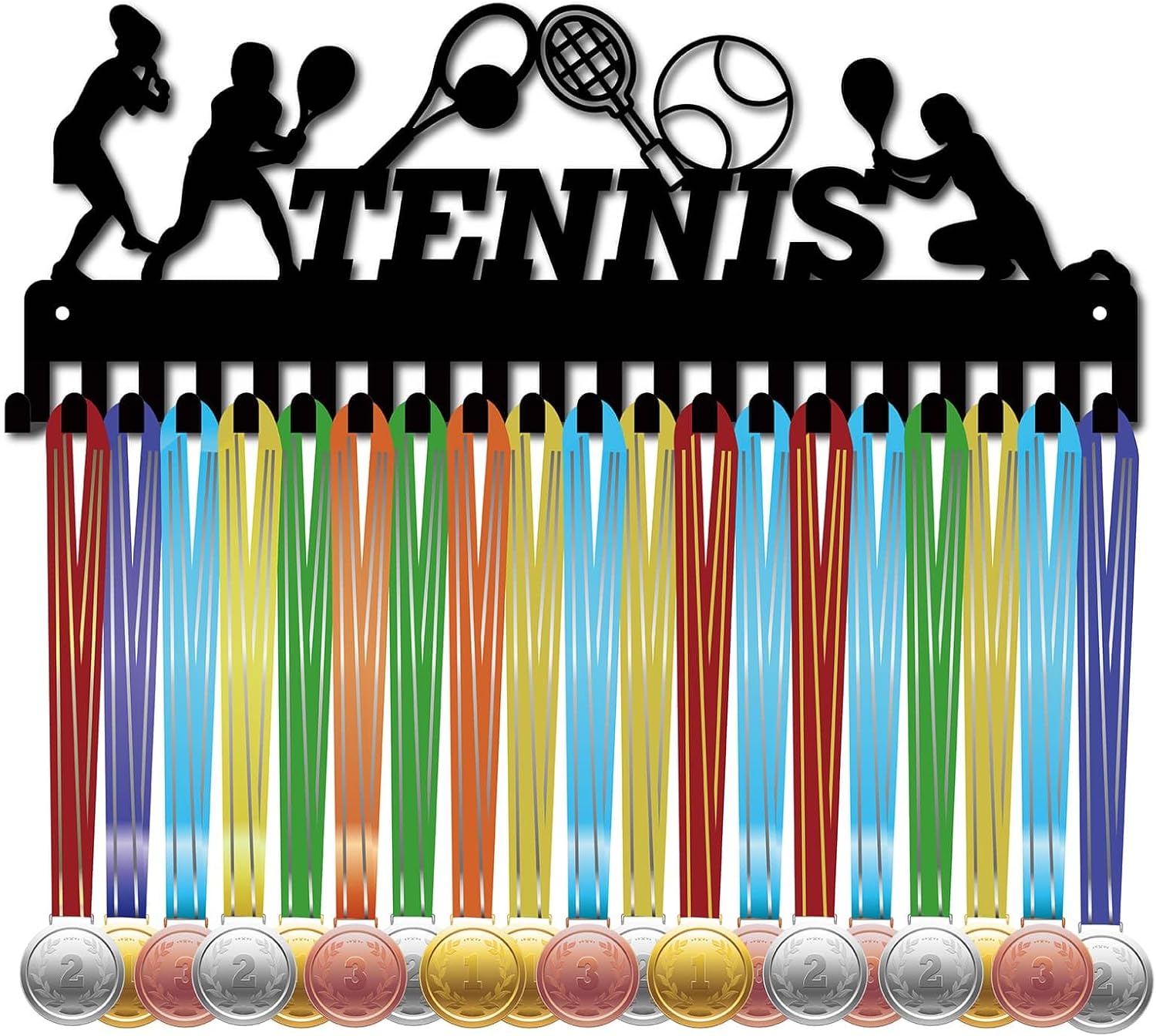 CREATCABIN Tennis Medal Holder Competition Medal Hanger Display Rack Sports Hanging Athlete Awards Iron Wall Mount Decor with 20 Hooks for Badge Swimming Gymnastics Medalist Black 15.7x5.9Inch