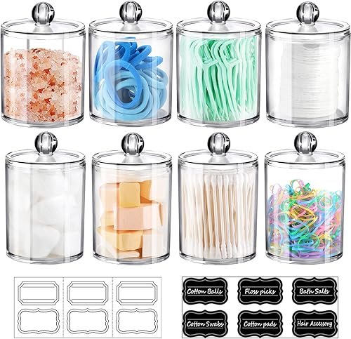 Qtip - Juego de 8 tarros de boticario dispensadores con etiquetas, juego de almacenamiento de plástico transparente para bolas de algodón, hisopo de