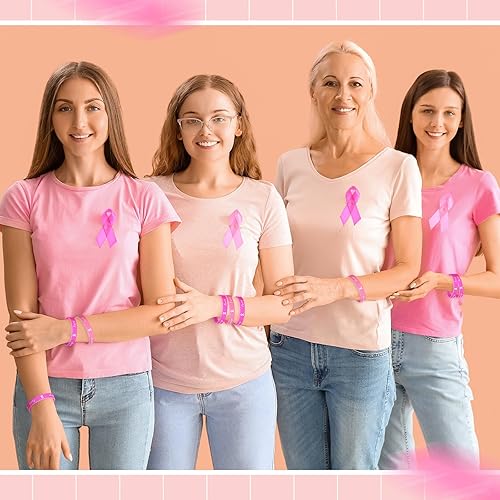 Miniatura 10 de Sratte 400 pines de solapa para concientización del cáncer de mama y pulseras de cinta rosa, 200 pulseras de goma, 200 pines de cinta rosa,