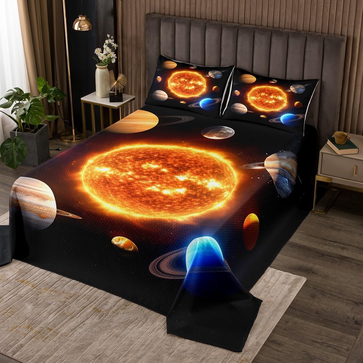 Homewish Solar System Kids Bedspread King Size,Cartoon Space Planet Bedding Set 3Pcs for Boys Girls Teens Bedroom Decor,Universe Sun Earth Art Comforter Set Galaxy Dark Coverlet Quilt,2 Pillowcases