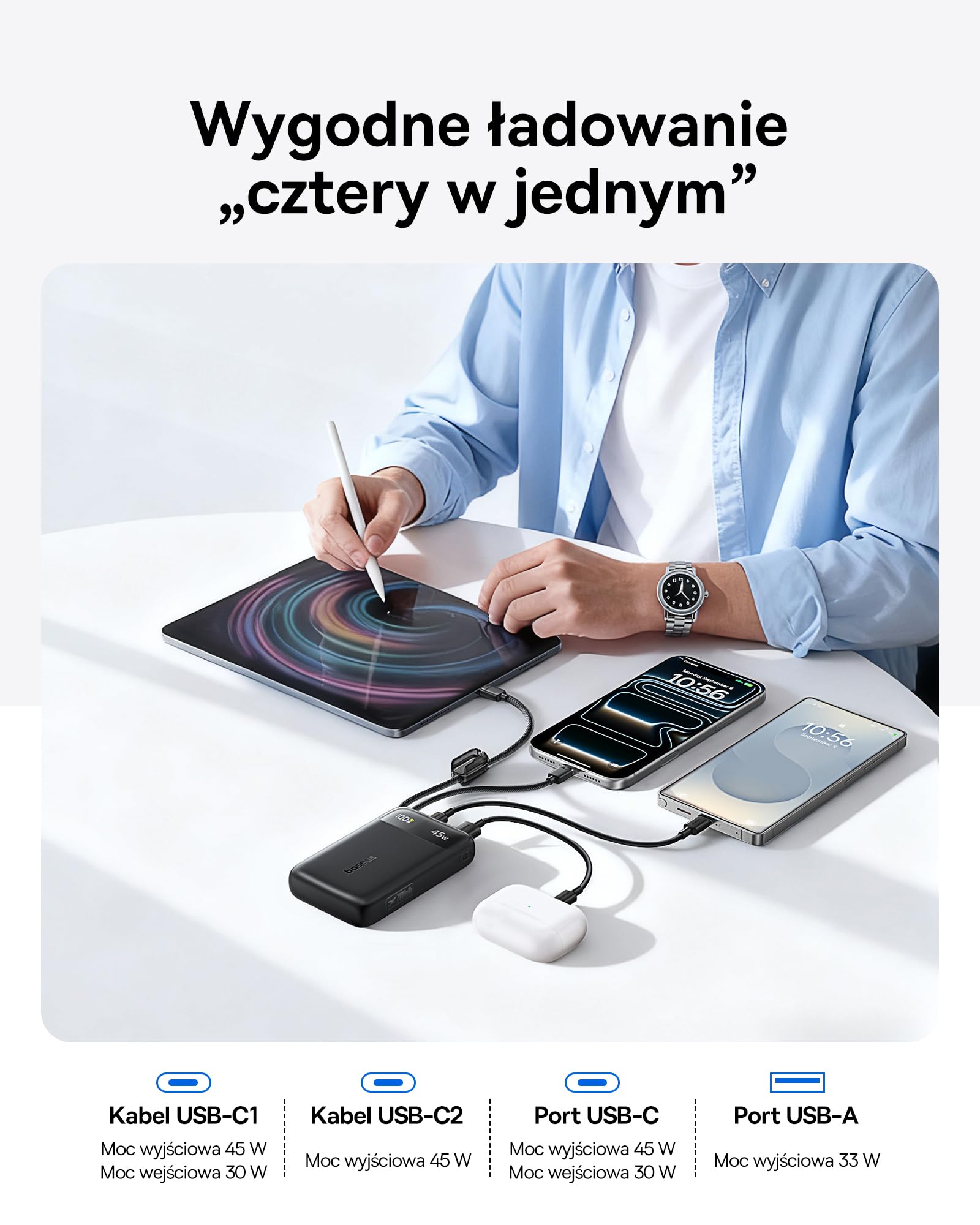 Baseus FC11 Power Bank, przenośna ładowarka 20000 mAh z podwójnym wbudowanym kablem, kompaktowy akumulator 45 W, chowany kabel, inteligentny wyświetlacz, do iPhone'a Air/17/16, iPada, laptopa