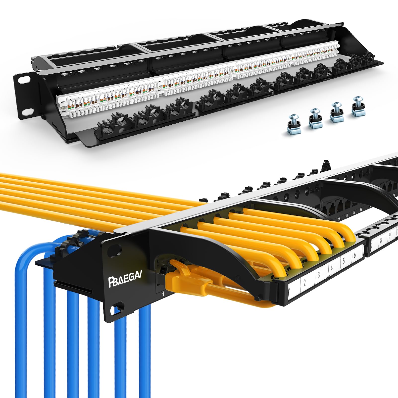 Keystone Patch Panel 24-portowy Cat6 10 Gb/s, panel sieciowy do montażu w szafie 1U 48.3 cm, kabel przedni, idealny do połączeń Gigabit Ethernet (Cat6)