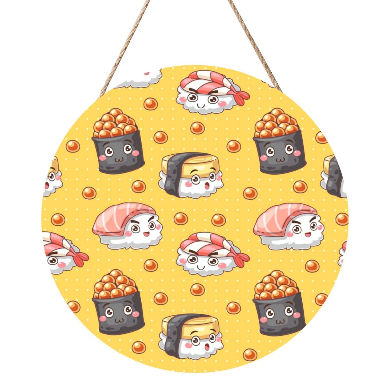 InOmak Cute Funny Sushi, Round Wood Panel Painting 12 in, Wall Hanging Painting For Home