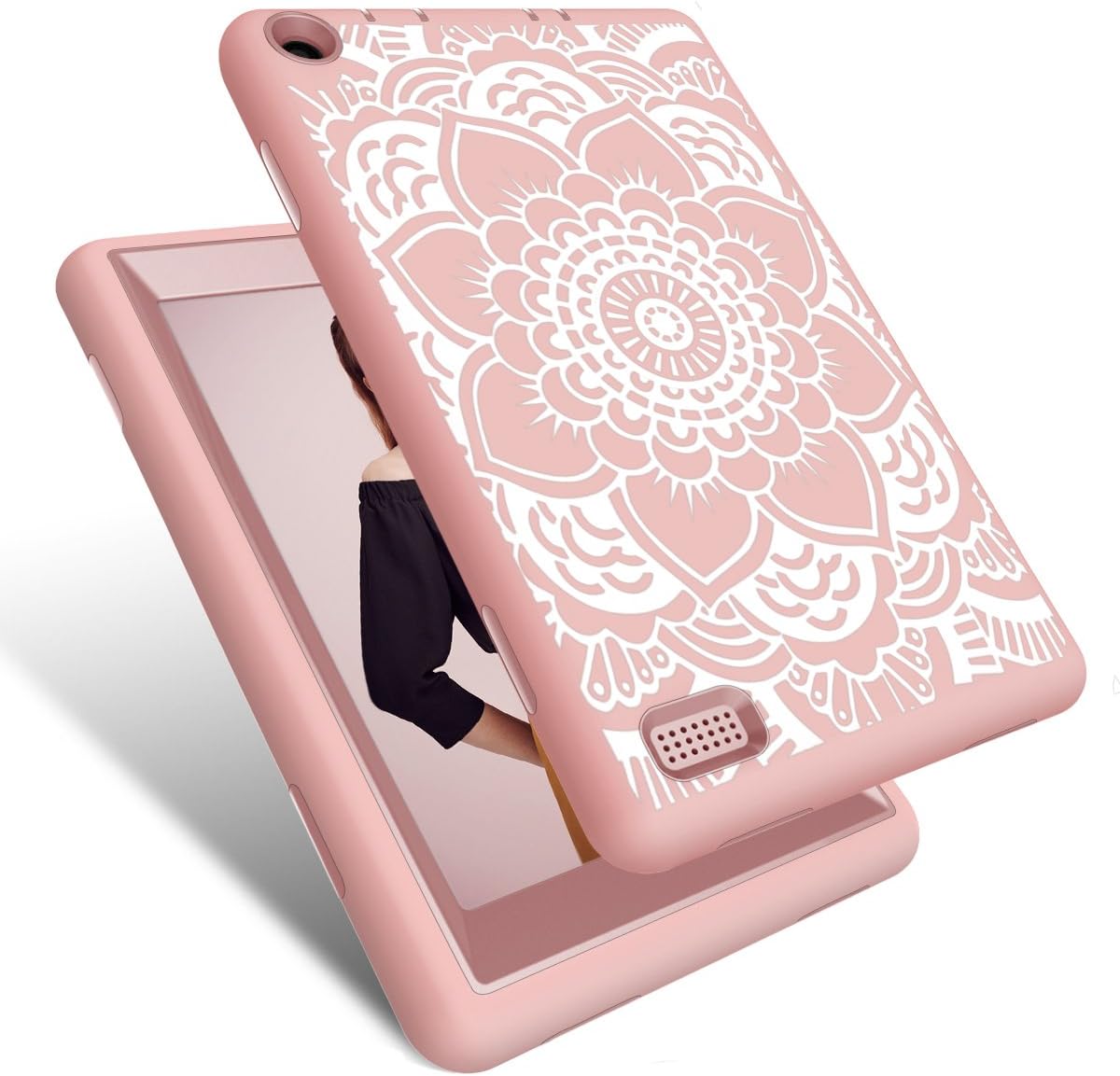 Hocase Fire 7 2017 Case Shockproof Anti-Scratch Hybrid Dual Layer Silicone Bumper Protective Case with Cute Mandala Flower for All-New Fire 7 Tablet (7th Generation, 2017 Release) - Rose Gold