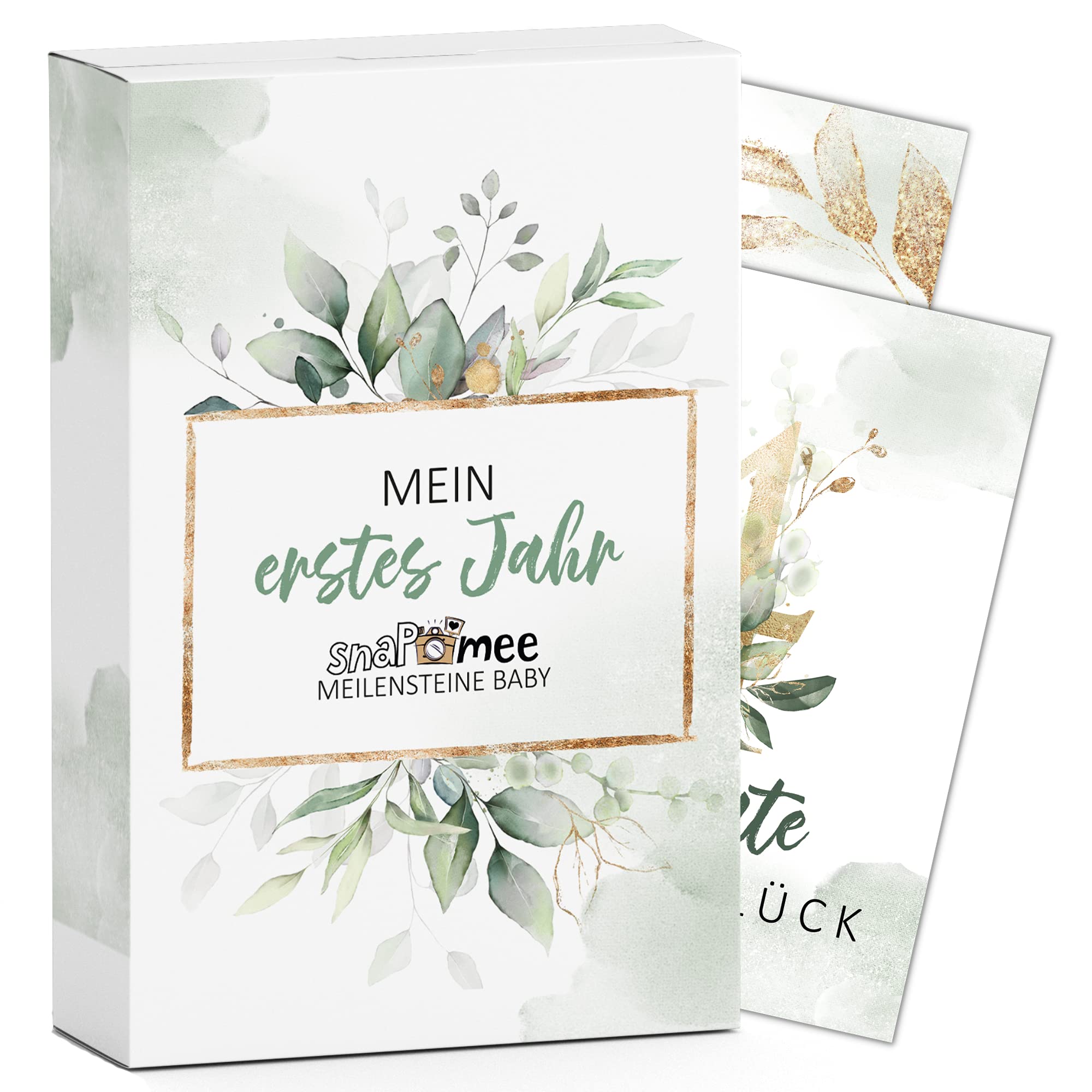 Meilensteinkarten Baby by snaPmee - 40 Fotokarten für Mädchen & Junge - Mein Erstes Jahr Set mit wichtigen Fortschritten + Monatskarten 1-12 (Größe A6) Eukalyptus