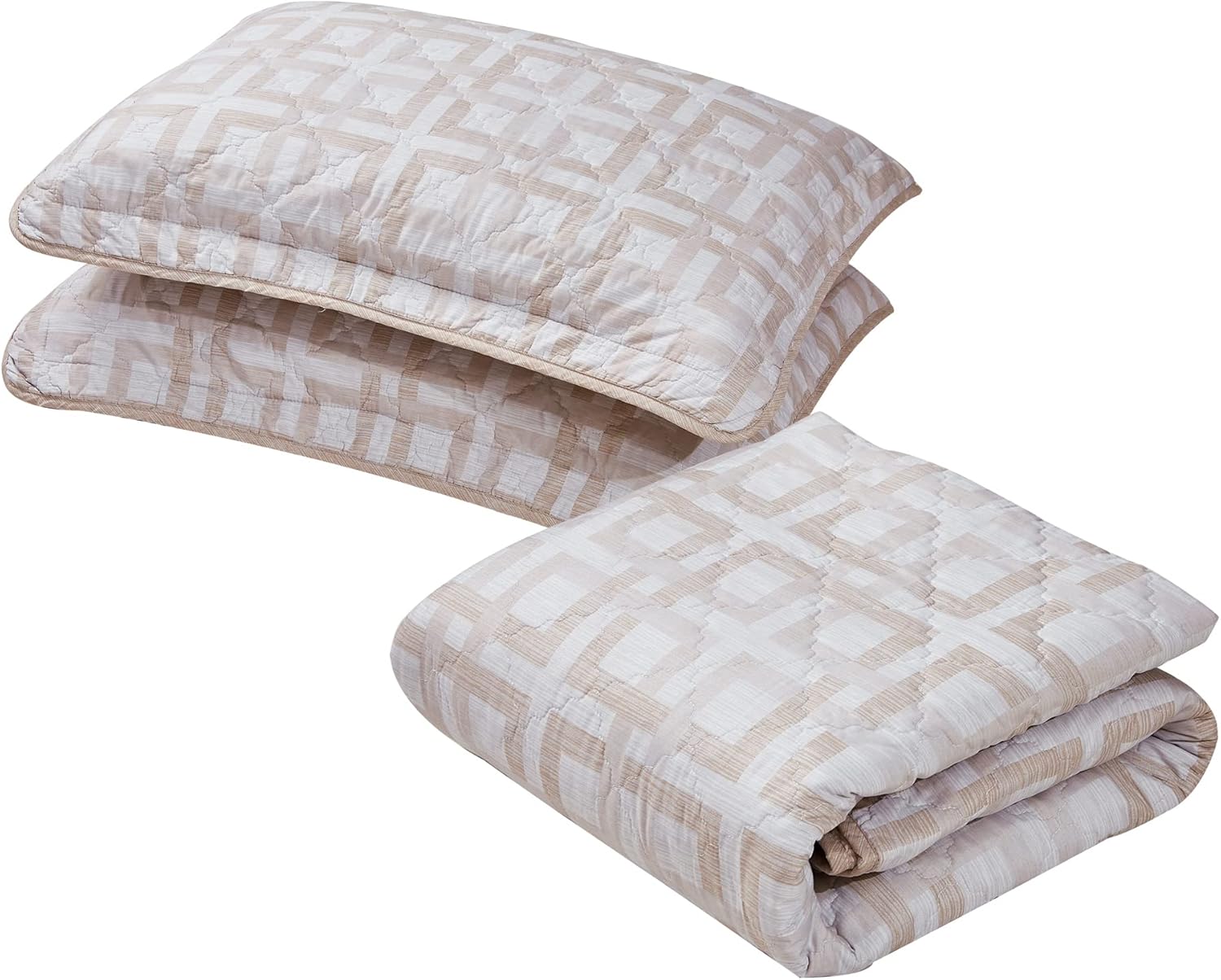 Home Soft Things 7 Piece Printed Microfiber Bedspread Quilts Set, 90" x 90" Queen, Austin Geo, Taupe Geometric Lightweight Bed Cover Coverlet Bedding Set with Matching Shams Pillows