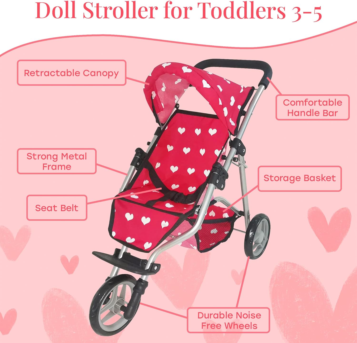 The New York Doll Collection Baby Doll Stroller | Pink Hearts Pattern | Doll Strollers | 3+ to 6 Years | A239