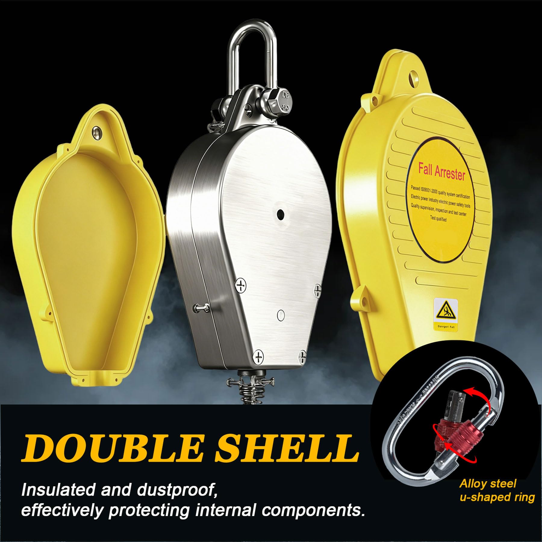 Dispositivo Anticaduta Retrattile Certificato 10-20m (Giallo, 10m) | Imbracatura di Sicurezza Anticaduta Tetto 150KG con Gancio Autobloccante, Dispositivo Sicurezza Anticaduta per Lavoro Aereo